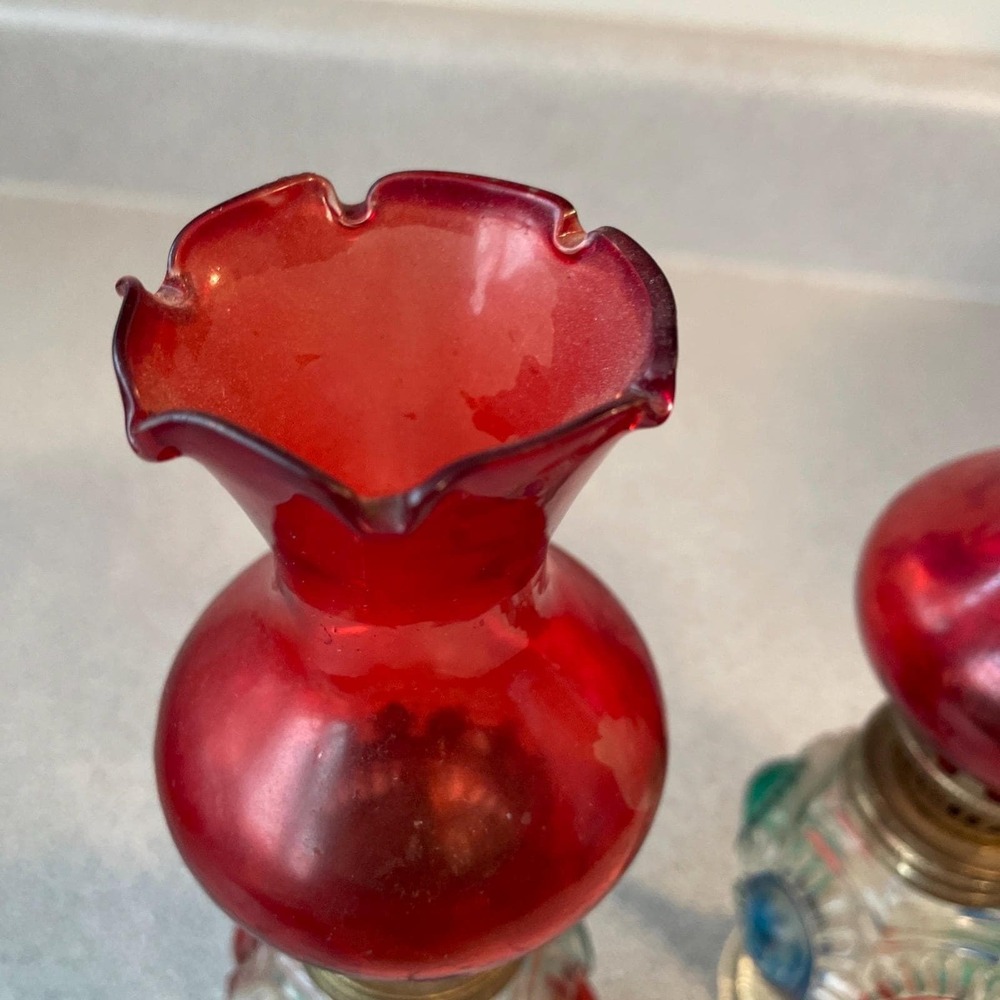 Pair of Vintage Mini Glass Oil Lamps Red Cranberry Chimney Hand Painted Pair - Picture 5 of 13